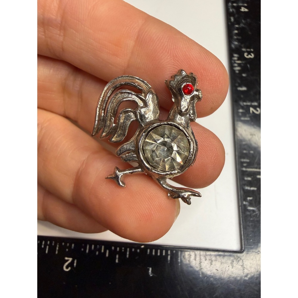 Vintage Silver Tone Rooster Brooch Red Eye Clear Rhinestone Farmhouse Pin